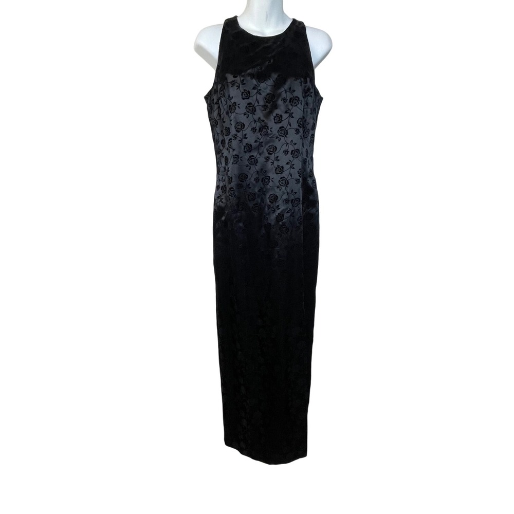 Trio New York Black Floral Burnout Velvet Evening Gown Size 6‎